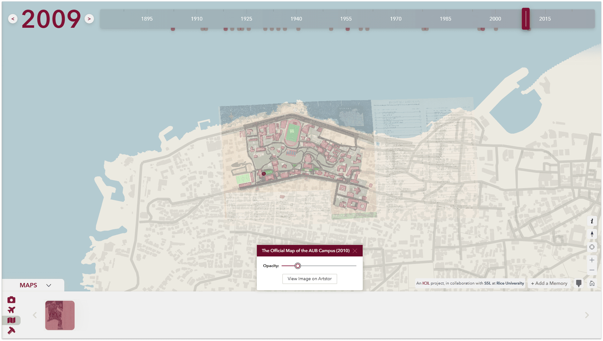 Screenshot of the AUBinTime geospatial campus history platform