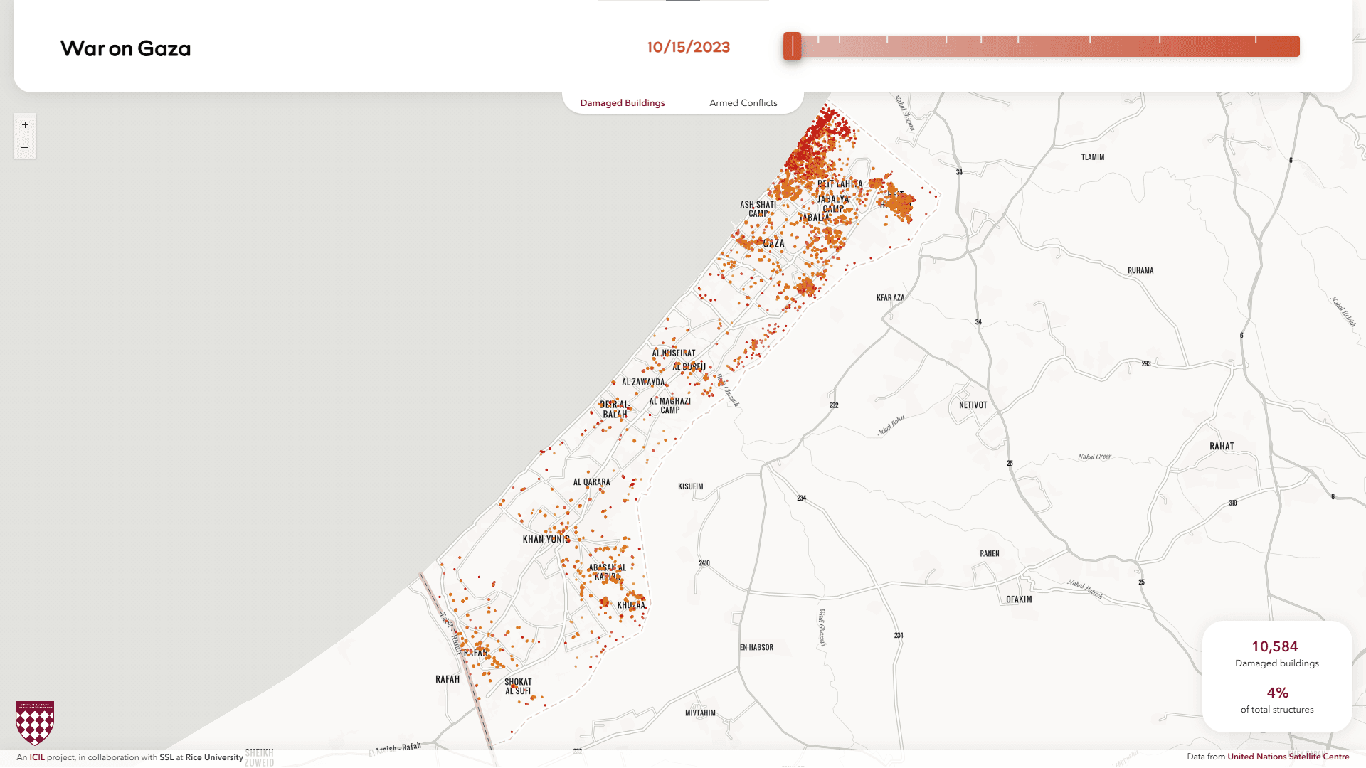 Screenshot of the War on Gaza conflict and damage mapping platform